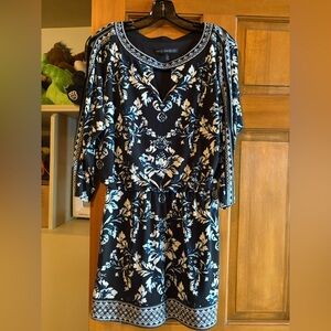 White House Black Market Black, embroidered collar, black, shades of blue& white